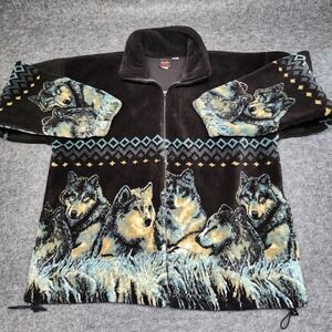 Mazmania Vintage Womens Fleece Jacket Plush Thick Wolf Pack Wolves AOP XL USA